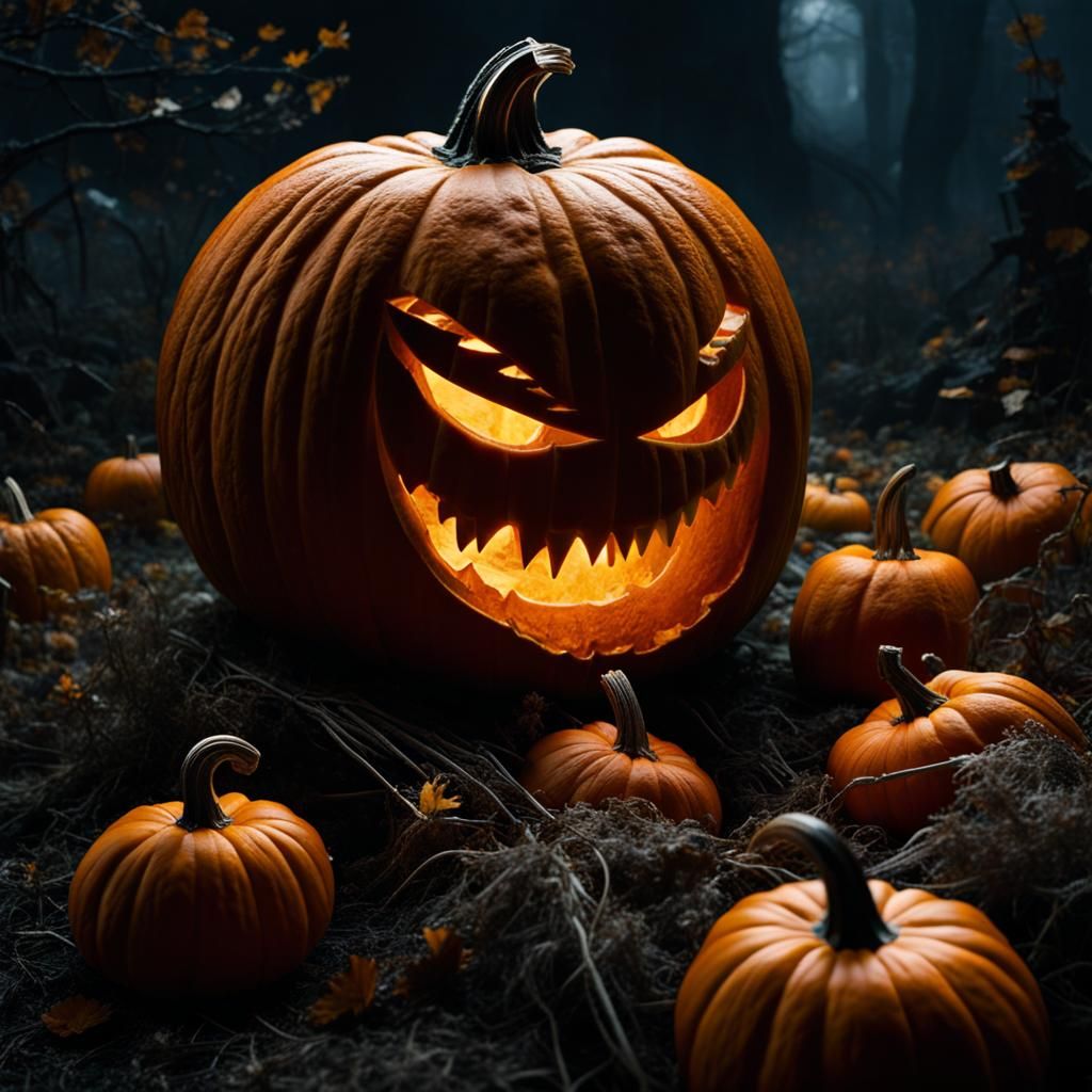 Sad Pumpkin Monster Portrait in Haunted Graveyard