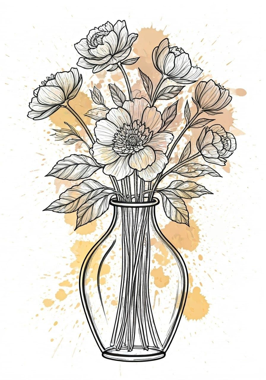 Floral Vase in Ink Splatter Style