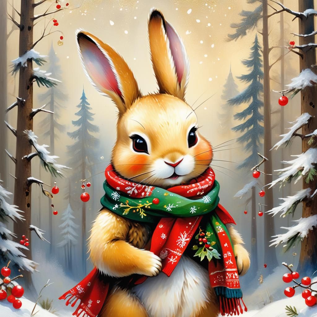 Festive Red Rabbit in Hyperdetailed Oil Painting