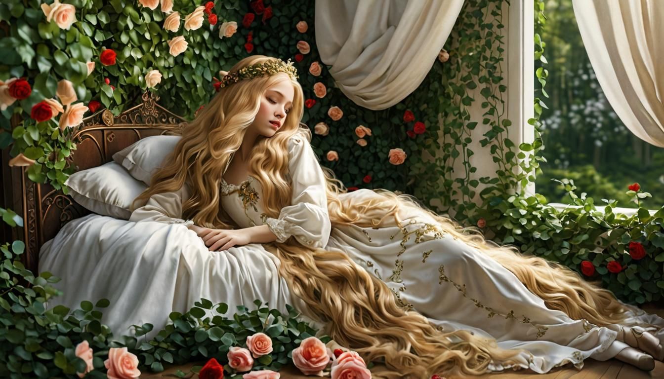Sleeping Princess in Forest with Roses
