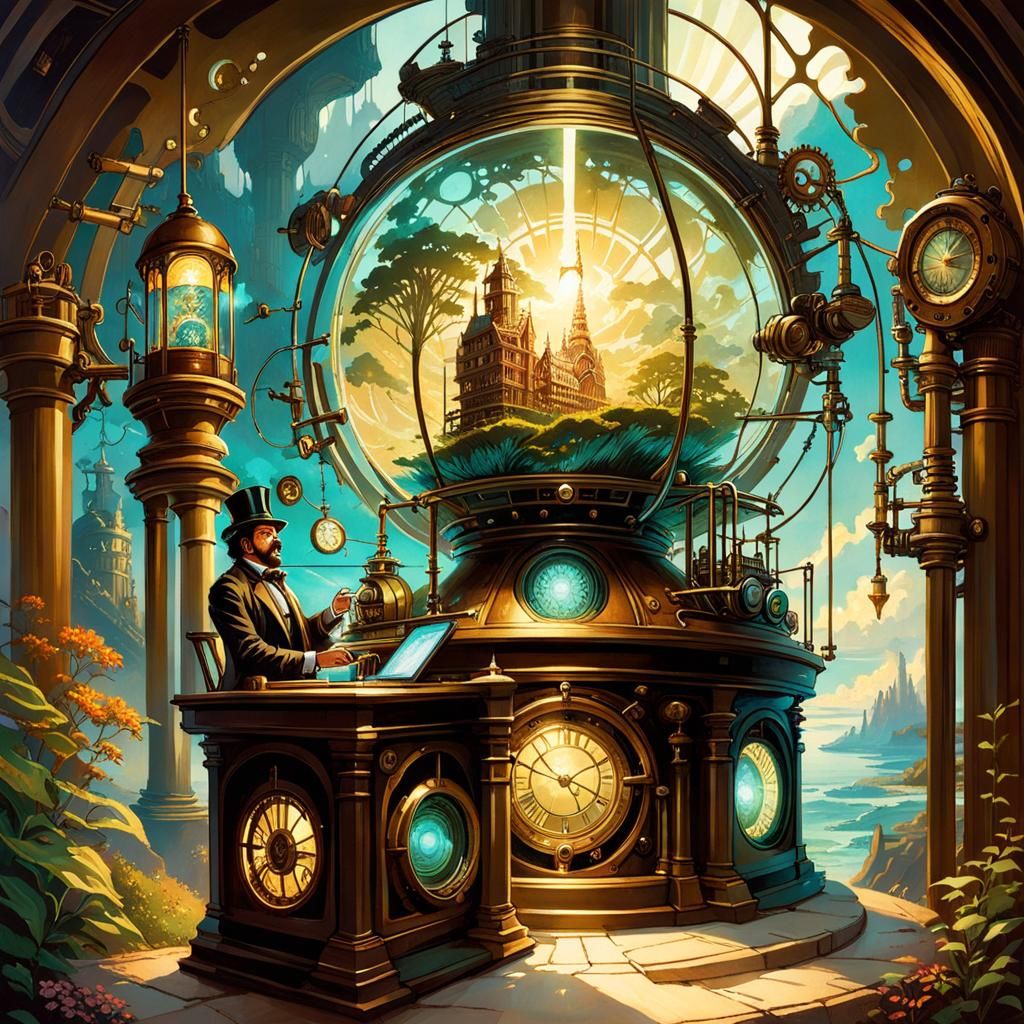 Steampunk Scientist Raises Device Beneath Floating Island