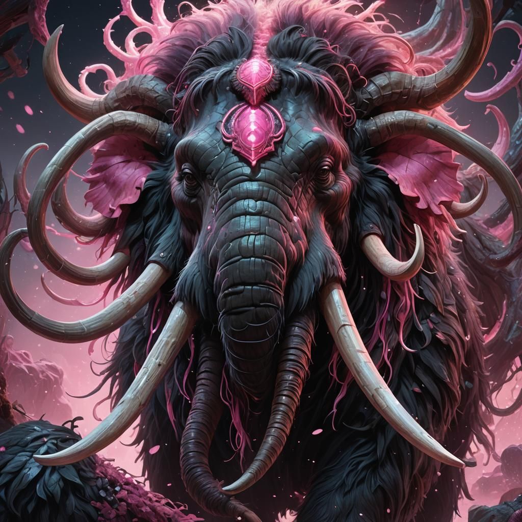 Bioluminescent Woolly Mammoth Portrait in Pink and Black