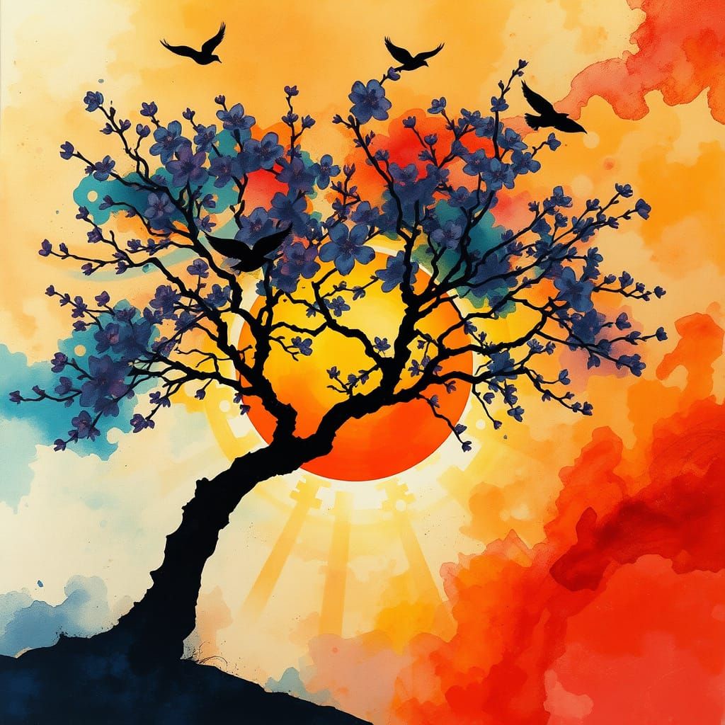 Ethereal Blossom Tree in Whirling Sunset Abstract