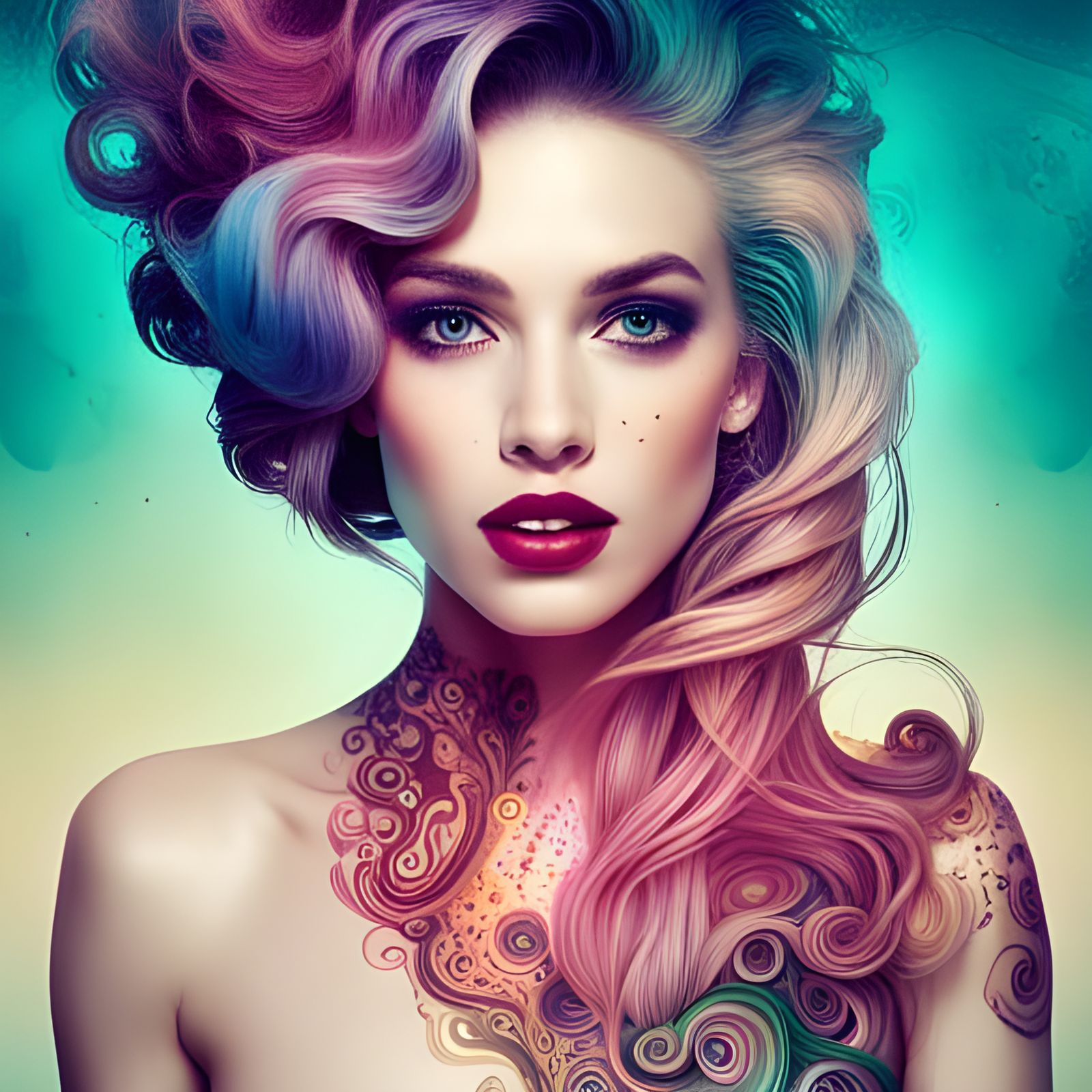 Dynamic underwater ink art by Alberto Seveso of a young woman in a cute princess outfit in Pastels and colorful fun intr...