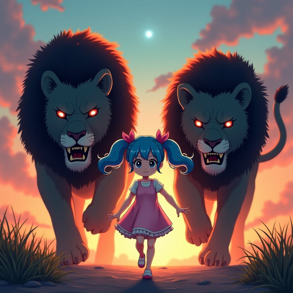 Girl with Lions in Manga Scan Style