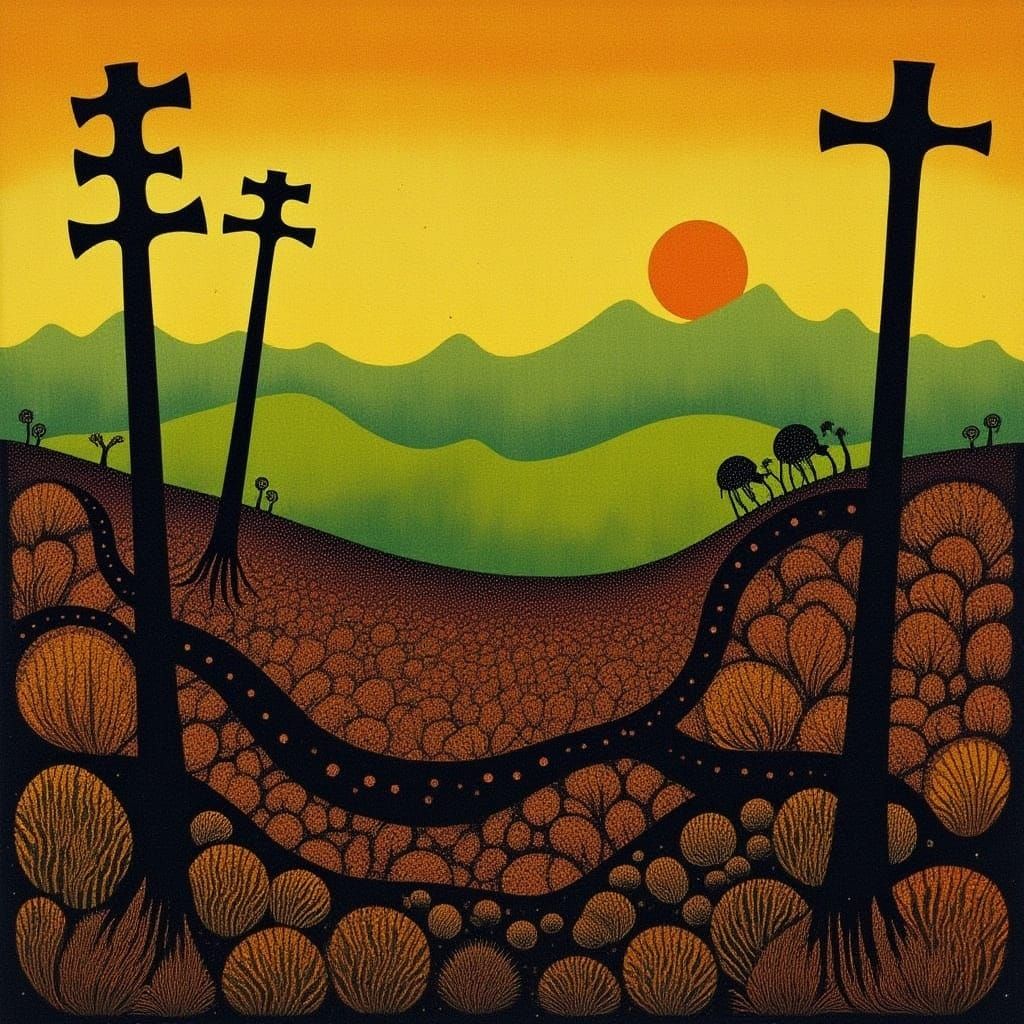 Golden Gingham Landscapes with Totem Poles at Sunset