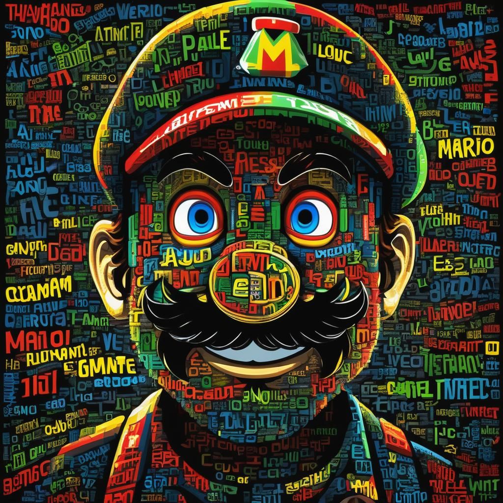 Vibrant Word Cloud Portrait of Mario
