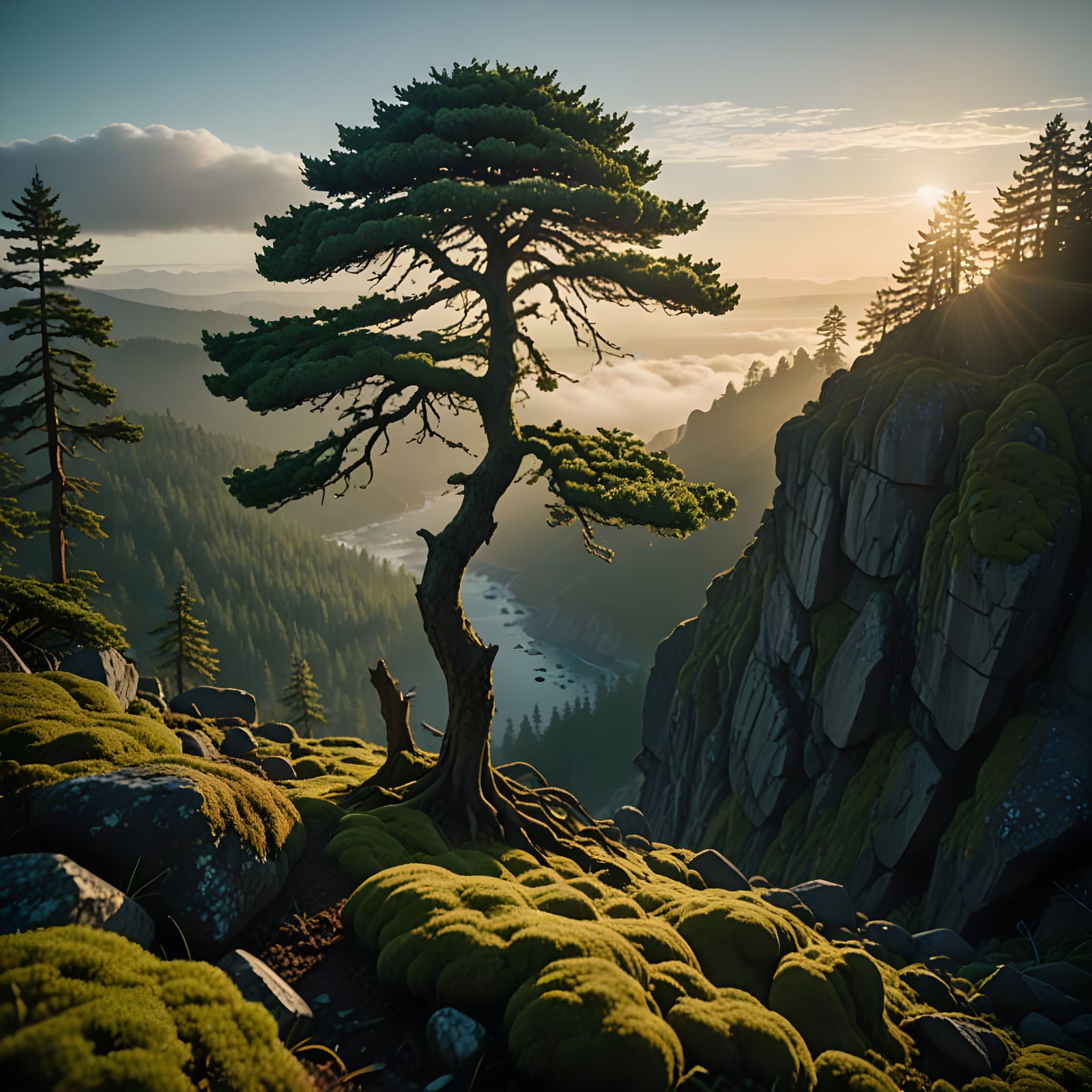 Ancient Pine on Cliff Edge at Sunrise