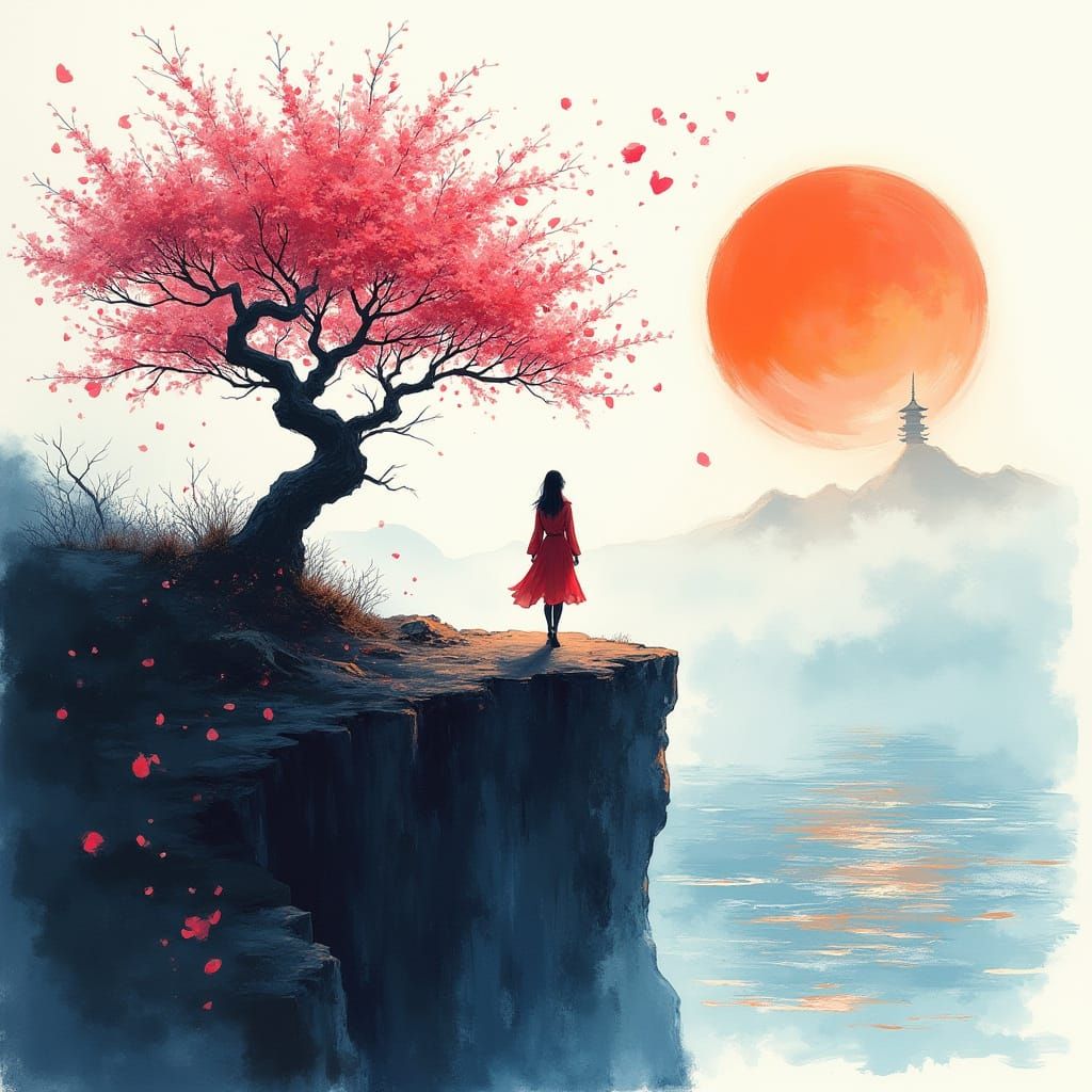 Dark Island Temple at Sunset Pen Drawing