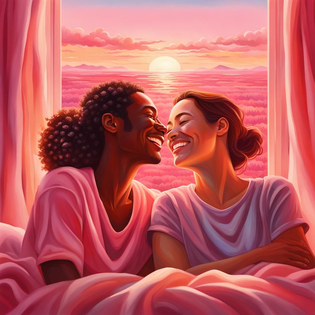 Happy Couple in Pink Sunrise: Splash Art Portrait