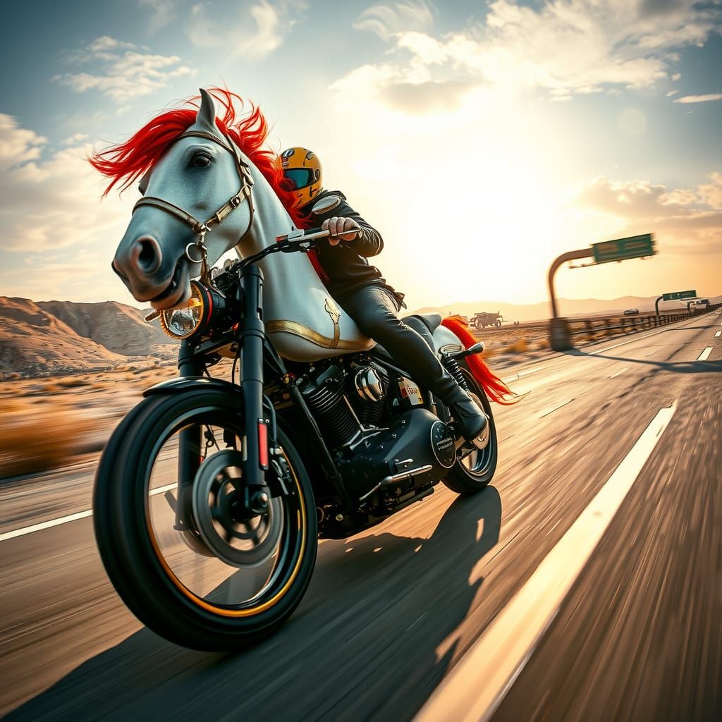 Majestic Horse Rides Motorcycle in Post-Apocalyptic Landscap...