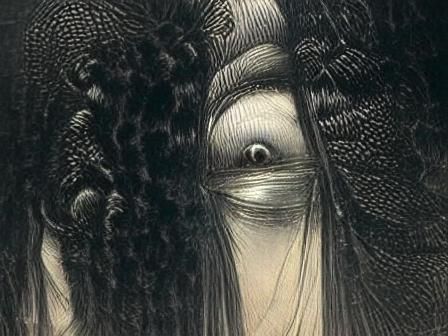 Eerie Sadako Yamamura Portrait in Engraving Style