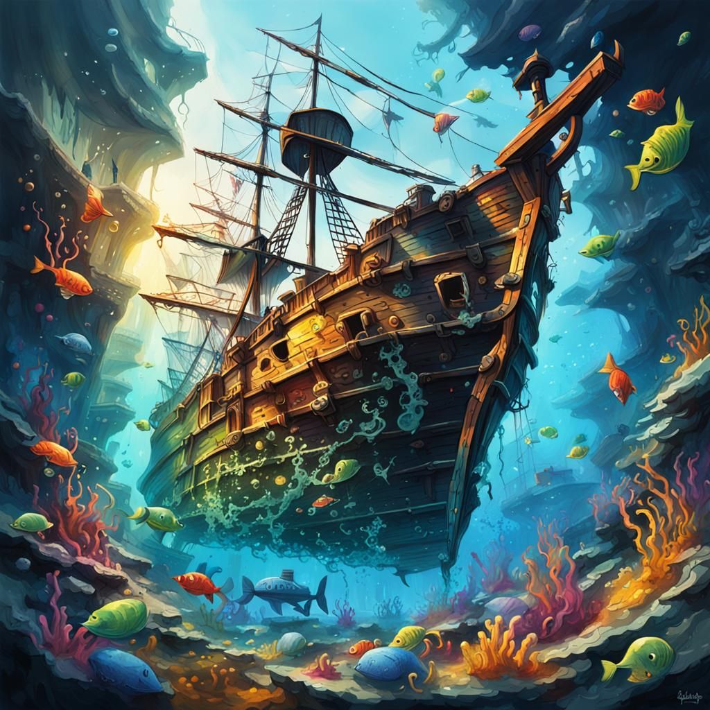 Underwater Pirate Shipwreck in Graffiti Art Style