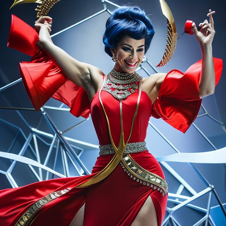 Smiling Woman Dancing Near Crystals in Dark Fantasy Style