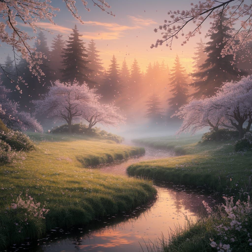 Ethereal Cherry Blossom Paradise in Dreamlike Fantasy Landsc...
