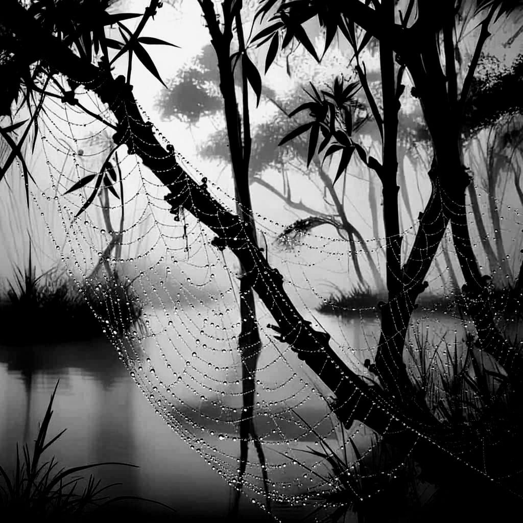 Dew-Kissed Spiderweb in Mangrove Mist