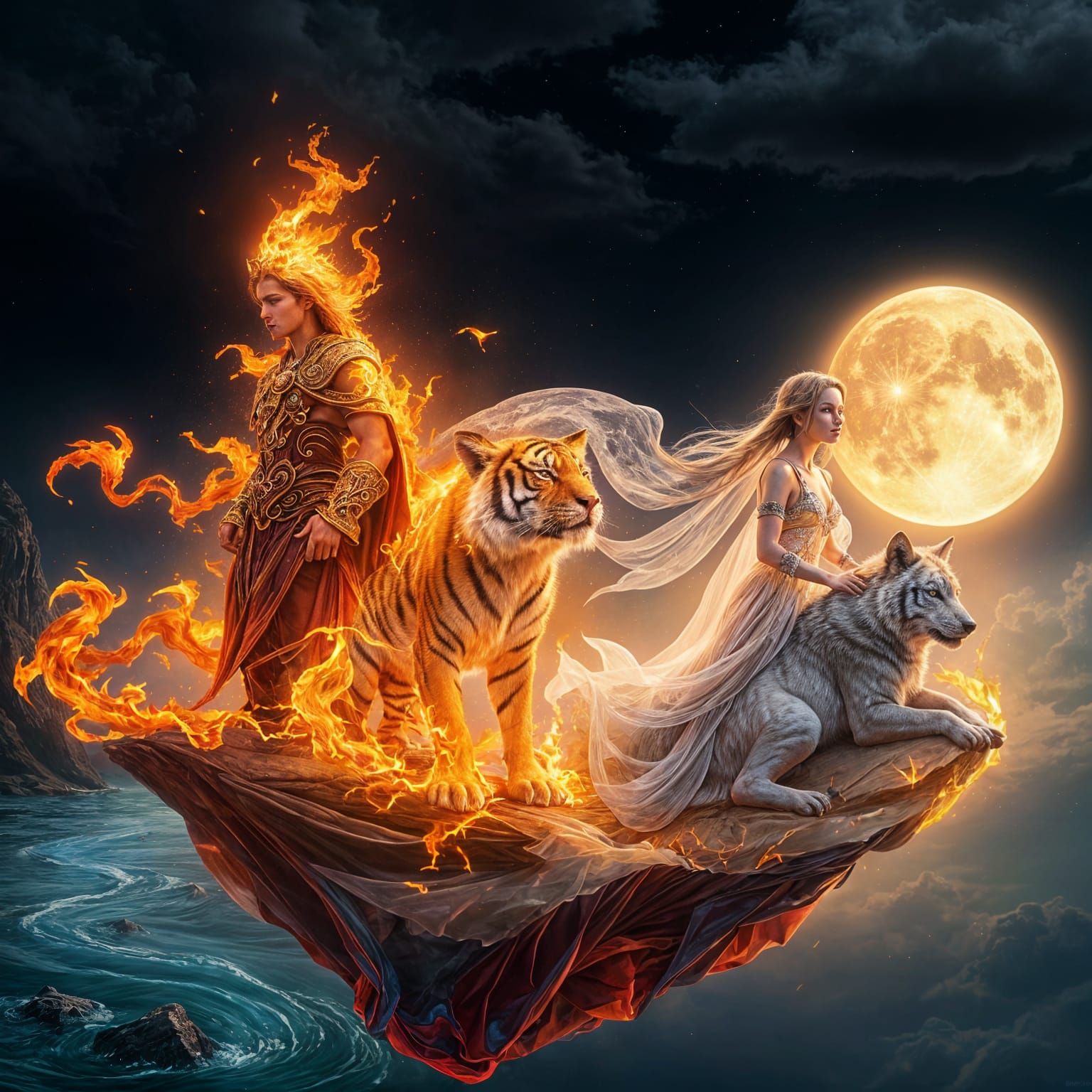 Fiery Sun God and Moon Goddess on Floating Islands