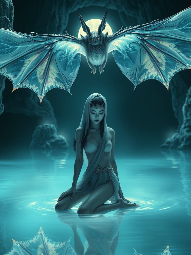 Moon Priestess Kneeling in Sacred Lake with Bat God