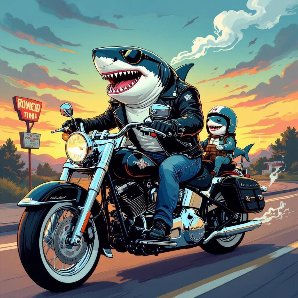 Shark Rider with Baby Shark on Motorcycle