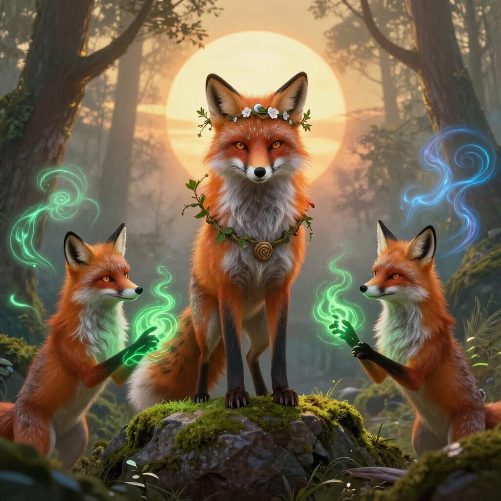 Fox Druids Casting Spells in Golden Sunrise Forest