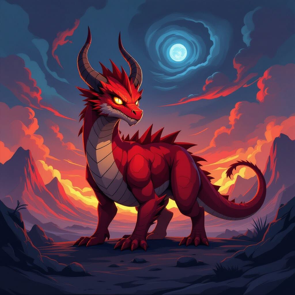 Dramatic Red Dragon in 2D Cartoon Style