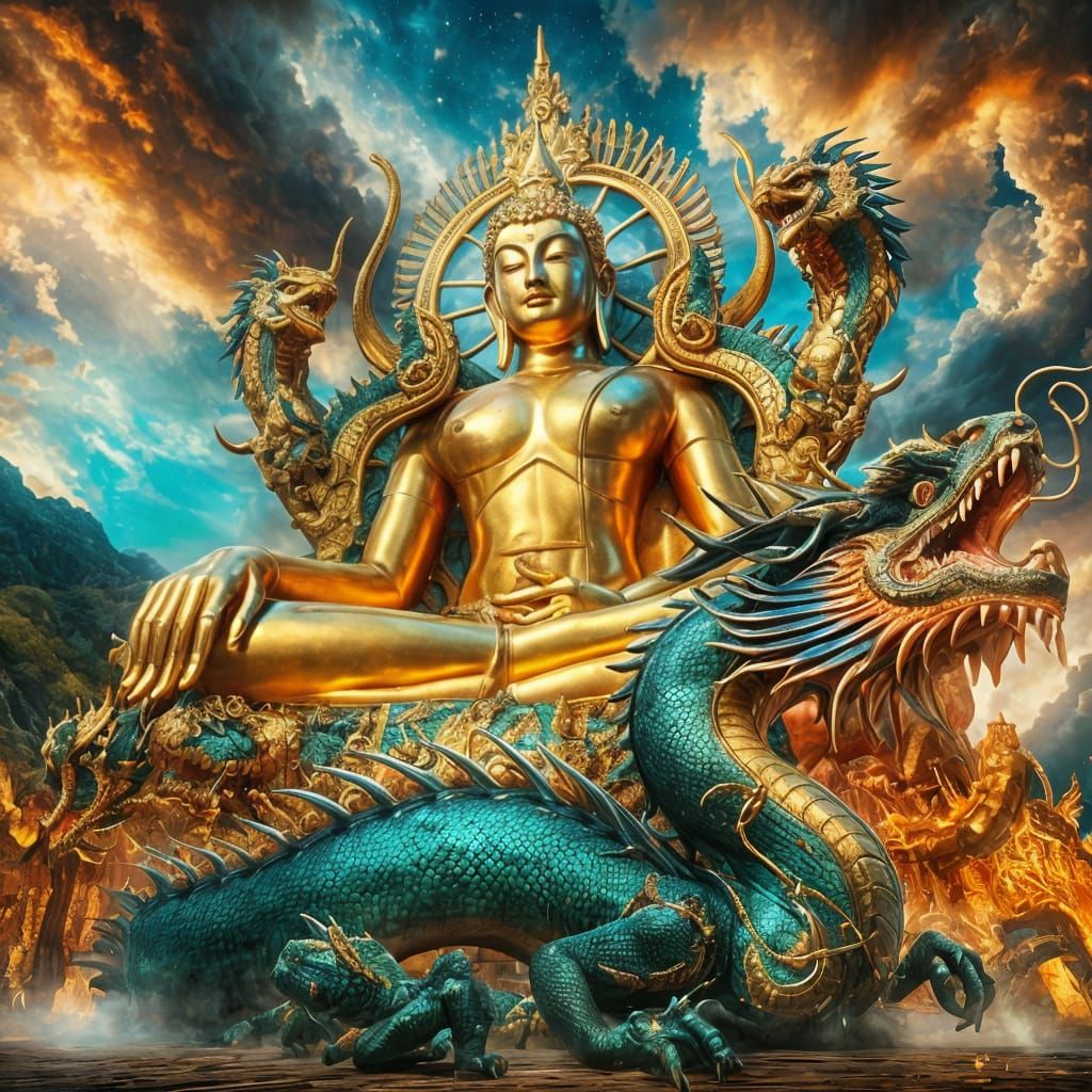 Golden Buddha and Dragon in Ethereal Matte Painting
