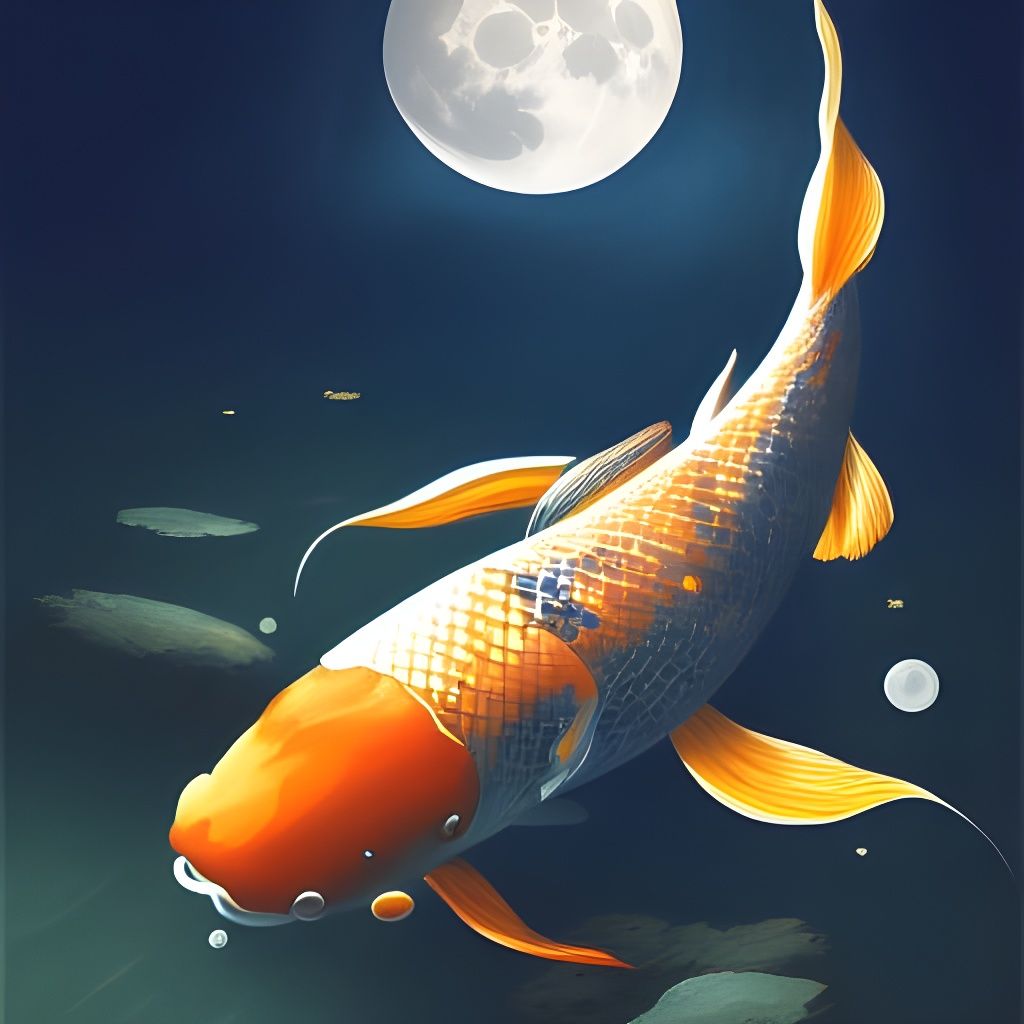 Koi Fish Under the Moon: Hyperdetailed Concept Art