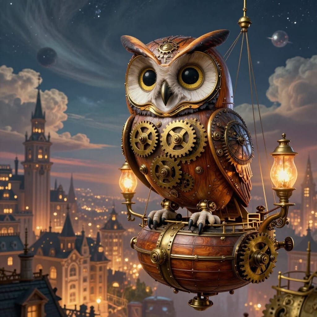 Clockwork Owl on Steampunk Airship Over Victorian City