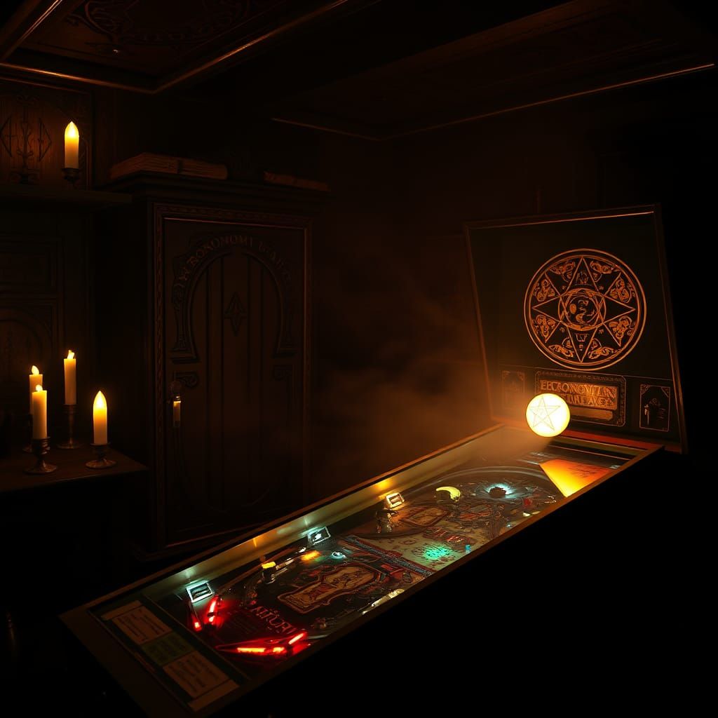 Eerie Necronomicon Pinball Machine in Dark Game Room
