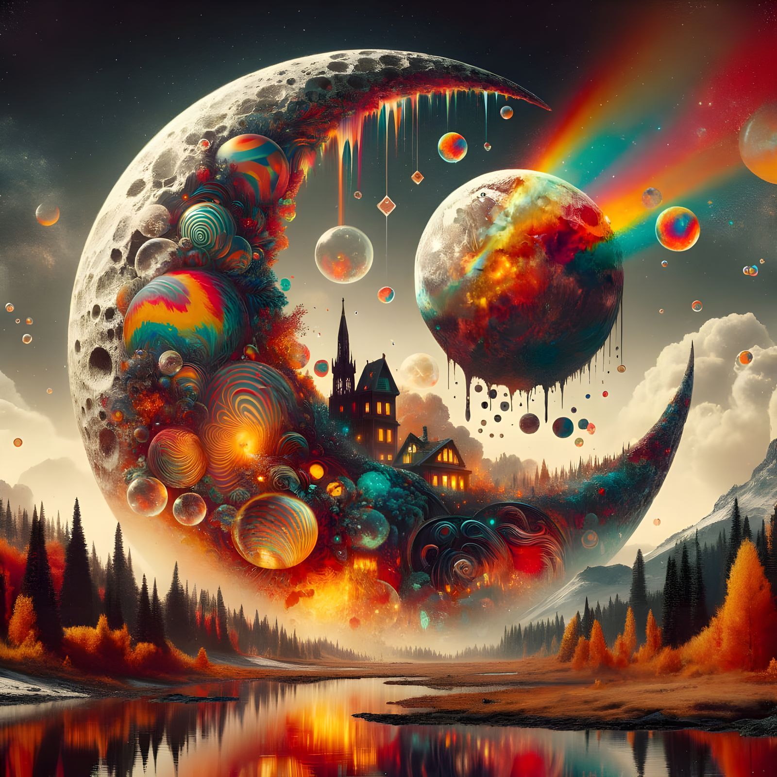 Surreal Pixel Art Moonscape in Double Exposure