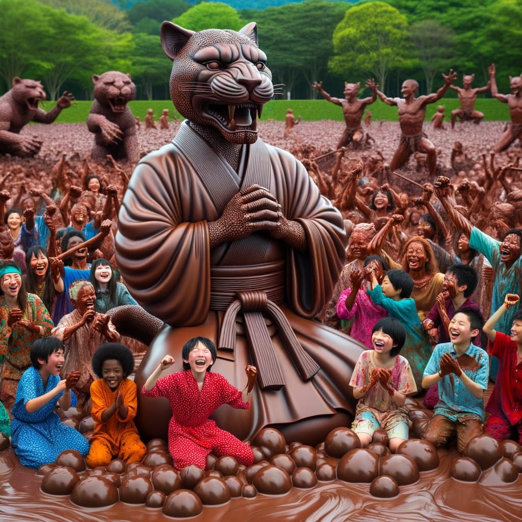 Chocolate Samurai Kneeling Before Joyful Children