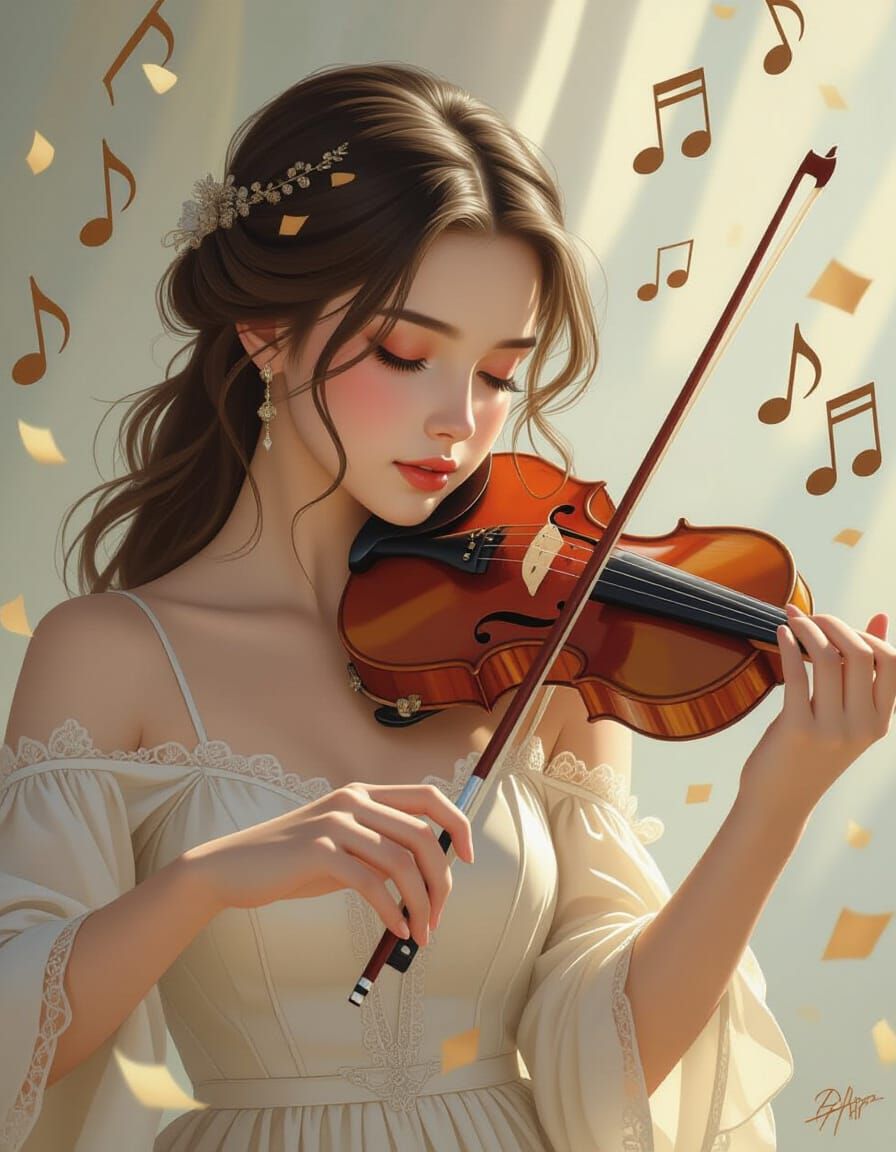 Young Violinist Captivated by Music, Soft Light