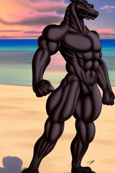 Dragon Fursona on Crowded Beach at Sunset