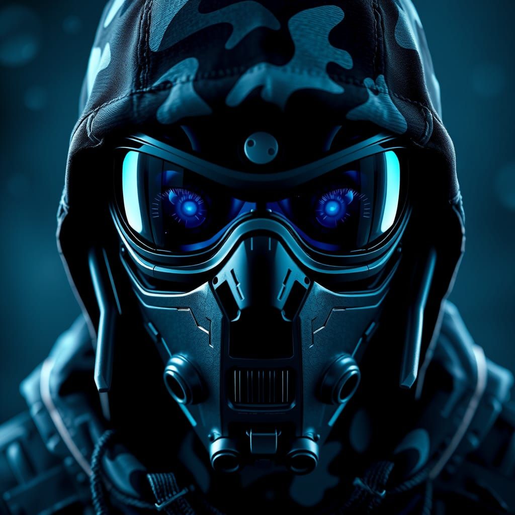 Futuristic Hooded Soldier in Battle, Double Exposure