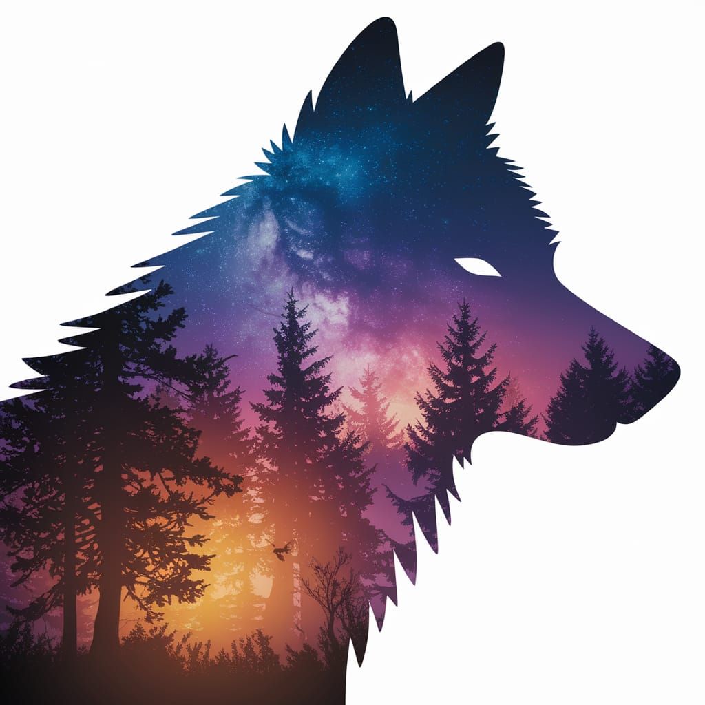 Wolf in Double Exposure Night Sky