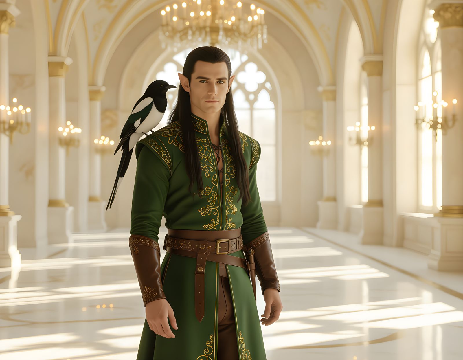 Noble Elf in Candlelit Ballroom with Magpie Companion