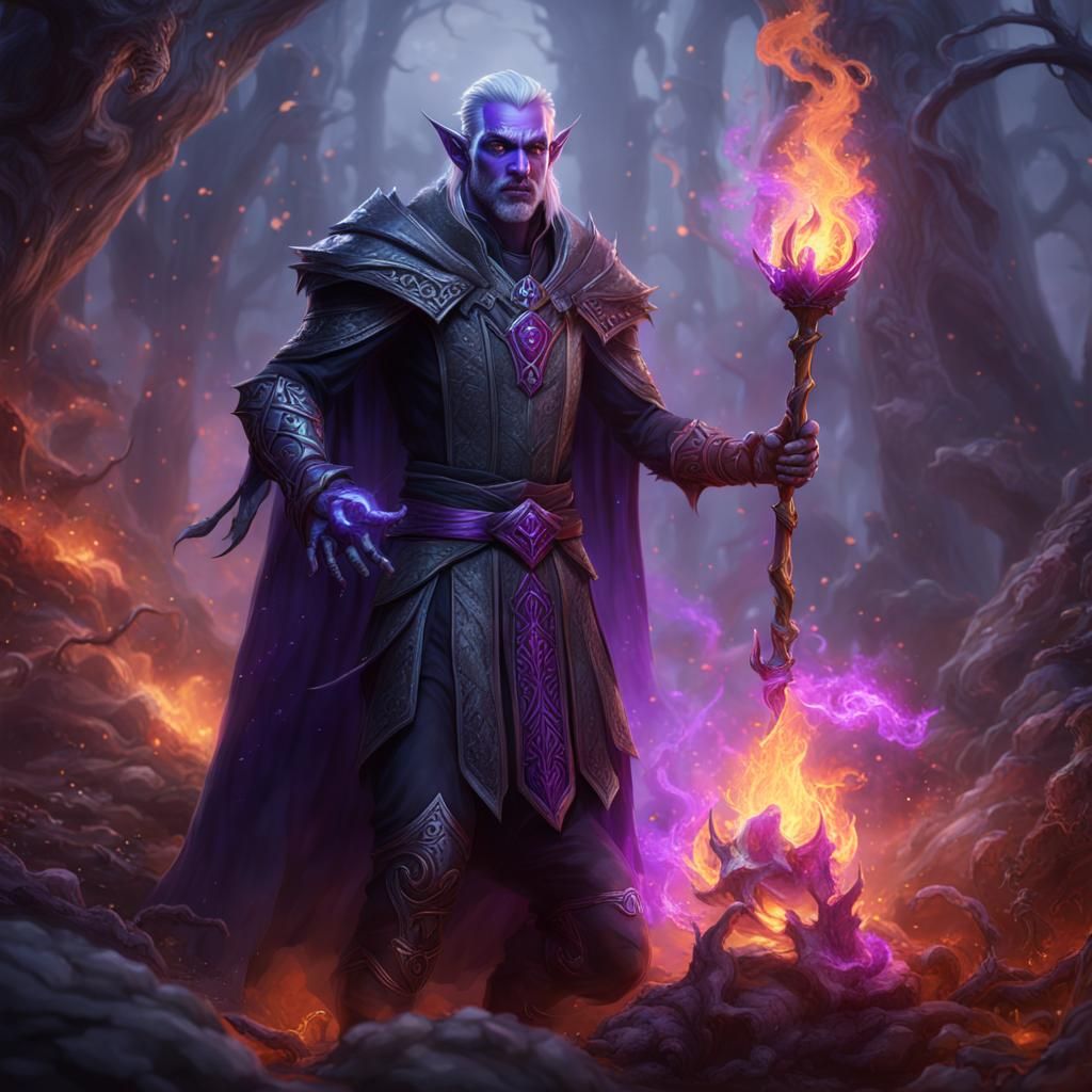 Drow Elf Warlock with Purple Fire Fantasy Art