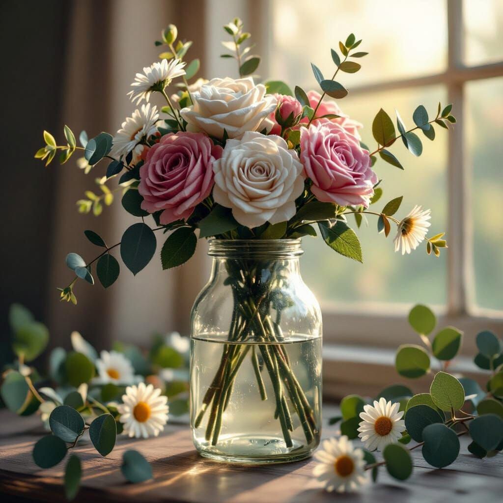 Felt Flower Bouquet in Milk Bottle, Photorealistic Still Lif...