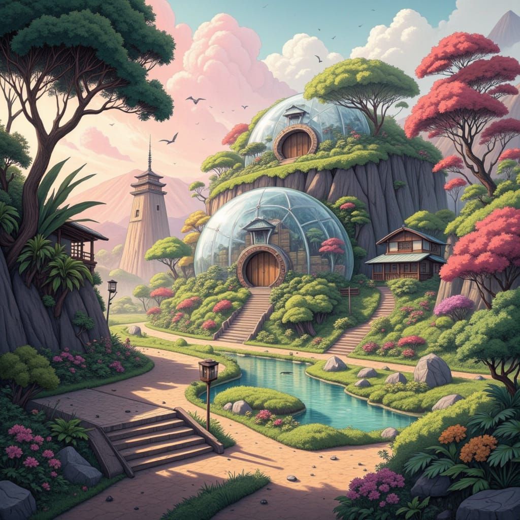 Japanese Colony Village Under Martian Dome