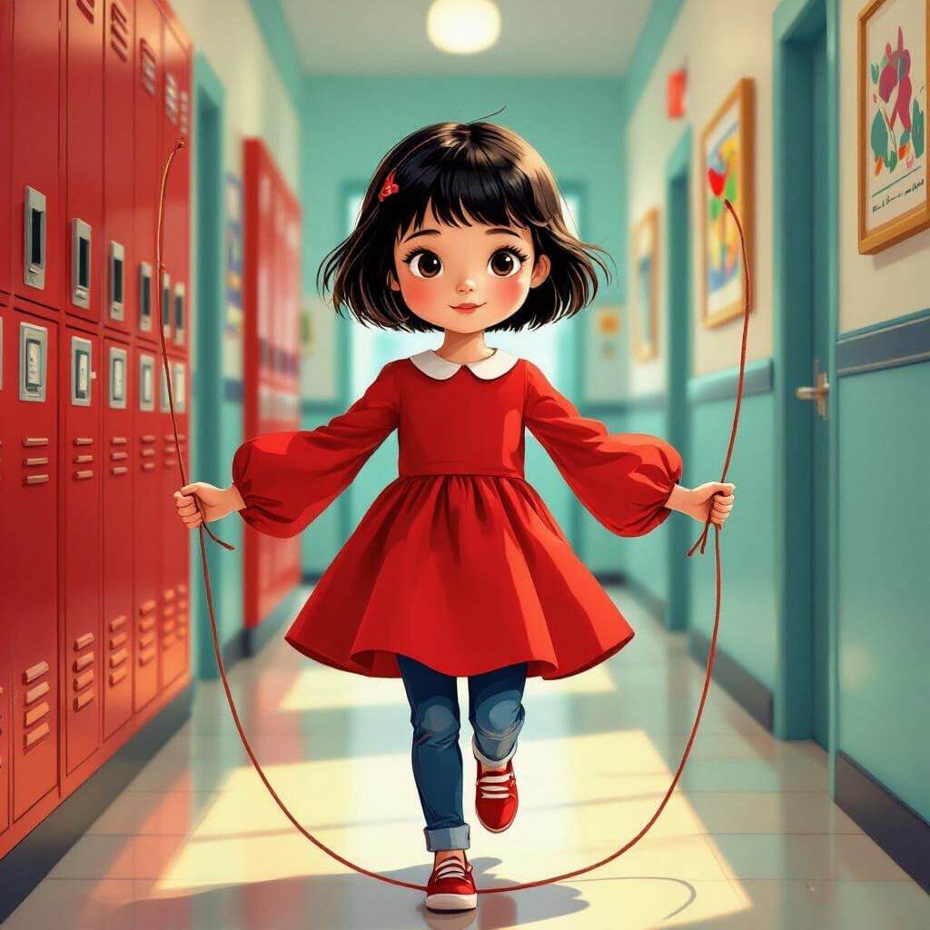 Whimsical Girl Skipping Rope in Hallway Art