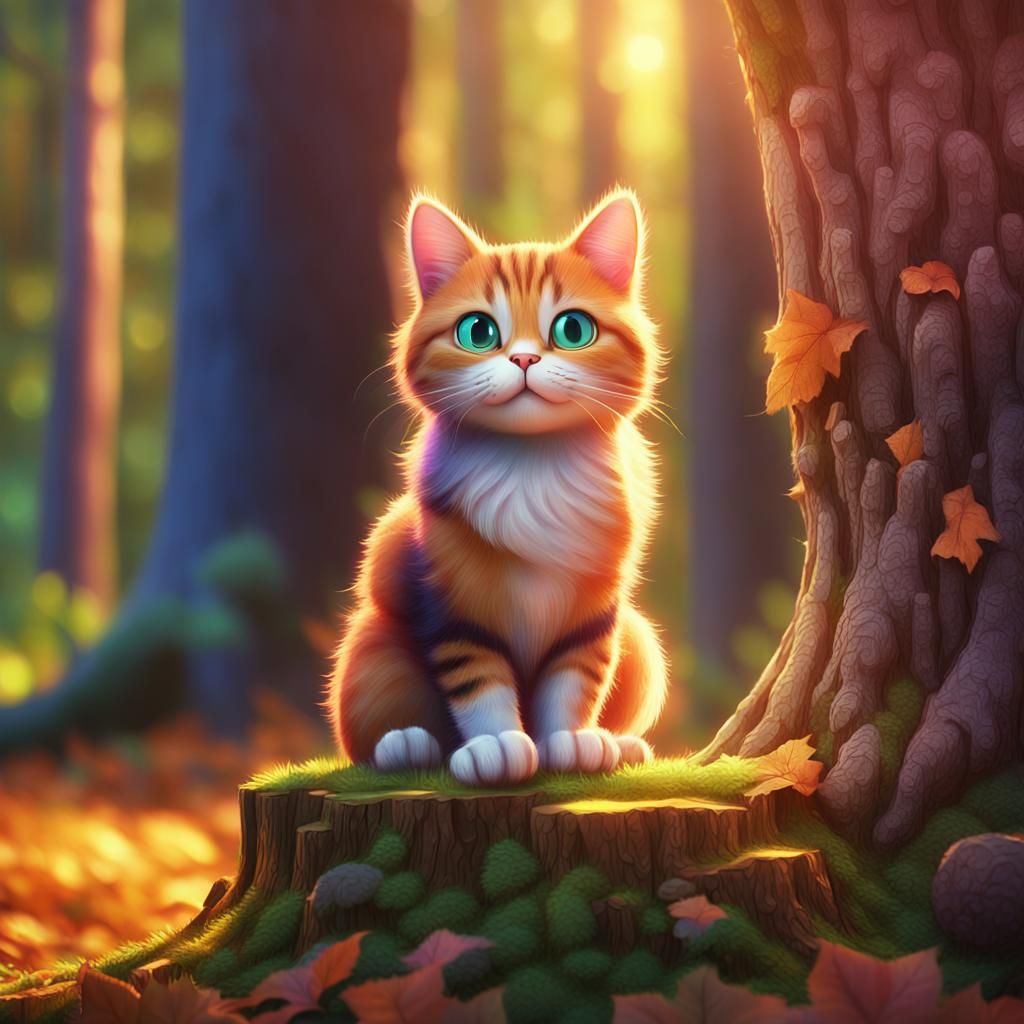 Cute Cat in Sunny Forest: Pixar-Style Digital Art