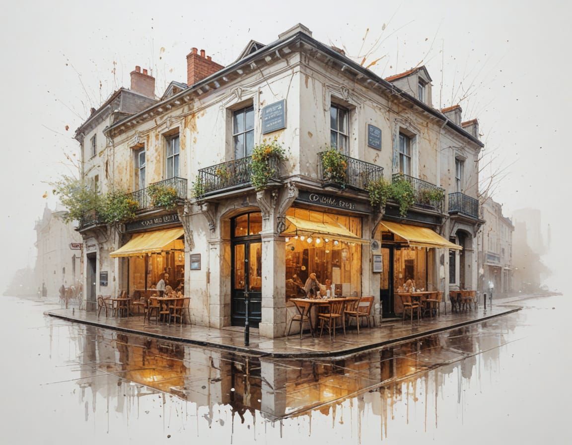 Neon Cafe Glow on Wet Cobblestones