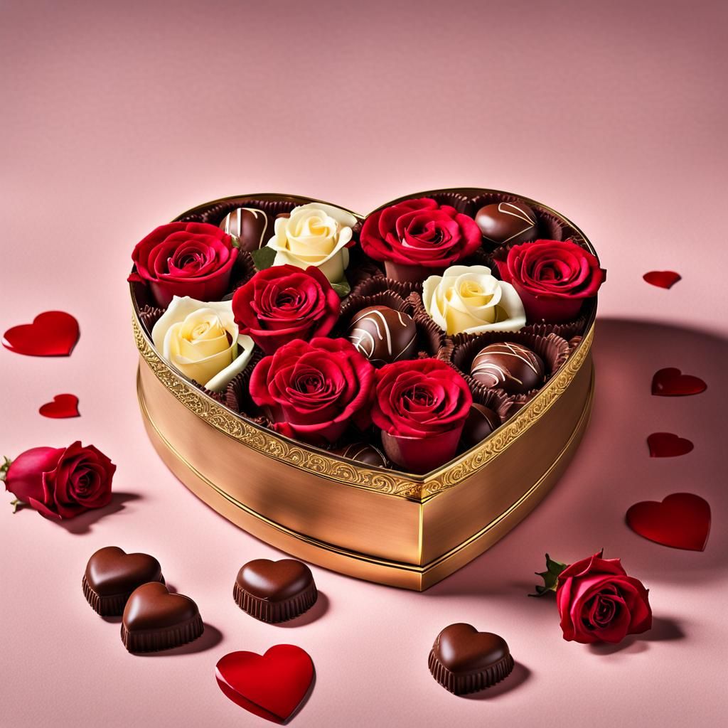 Heart-Shaped Chocolates and Roses for Valentine's Day
