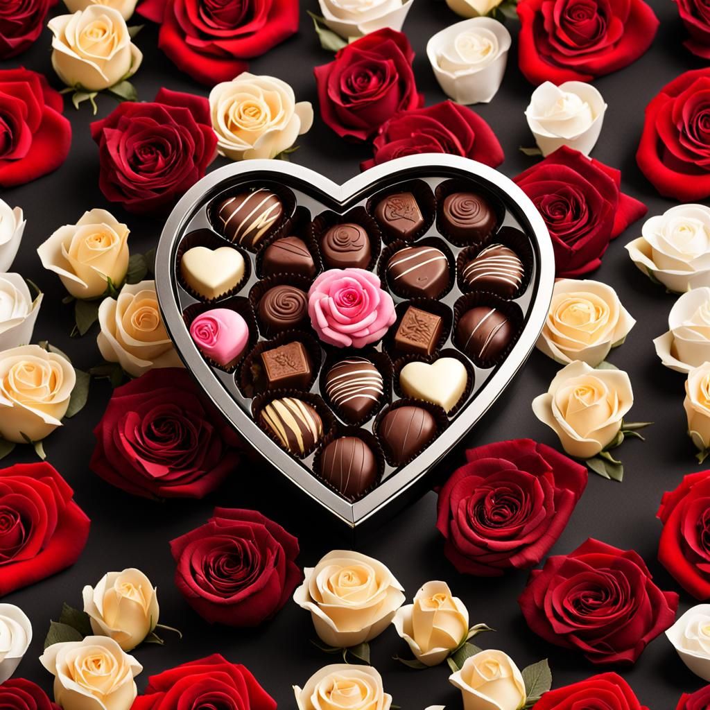 Heart-Shaped Chocolates and Roses for Valentine's Day