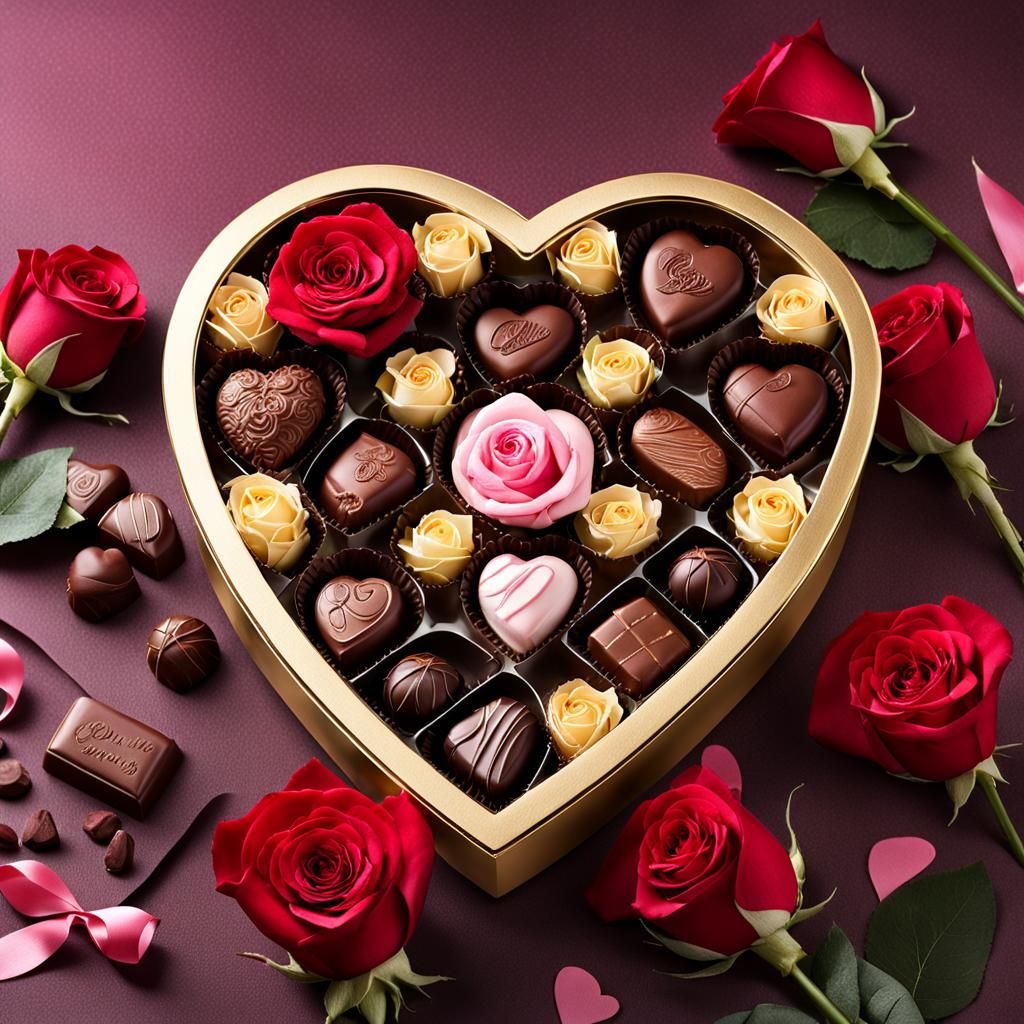 Heart-Shaped Chocolate Box with Roses for Valentine's Day