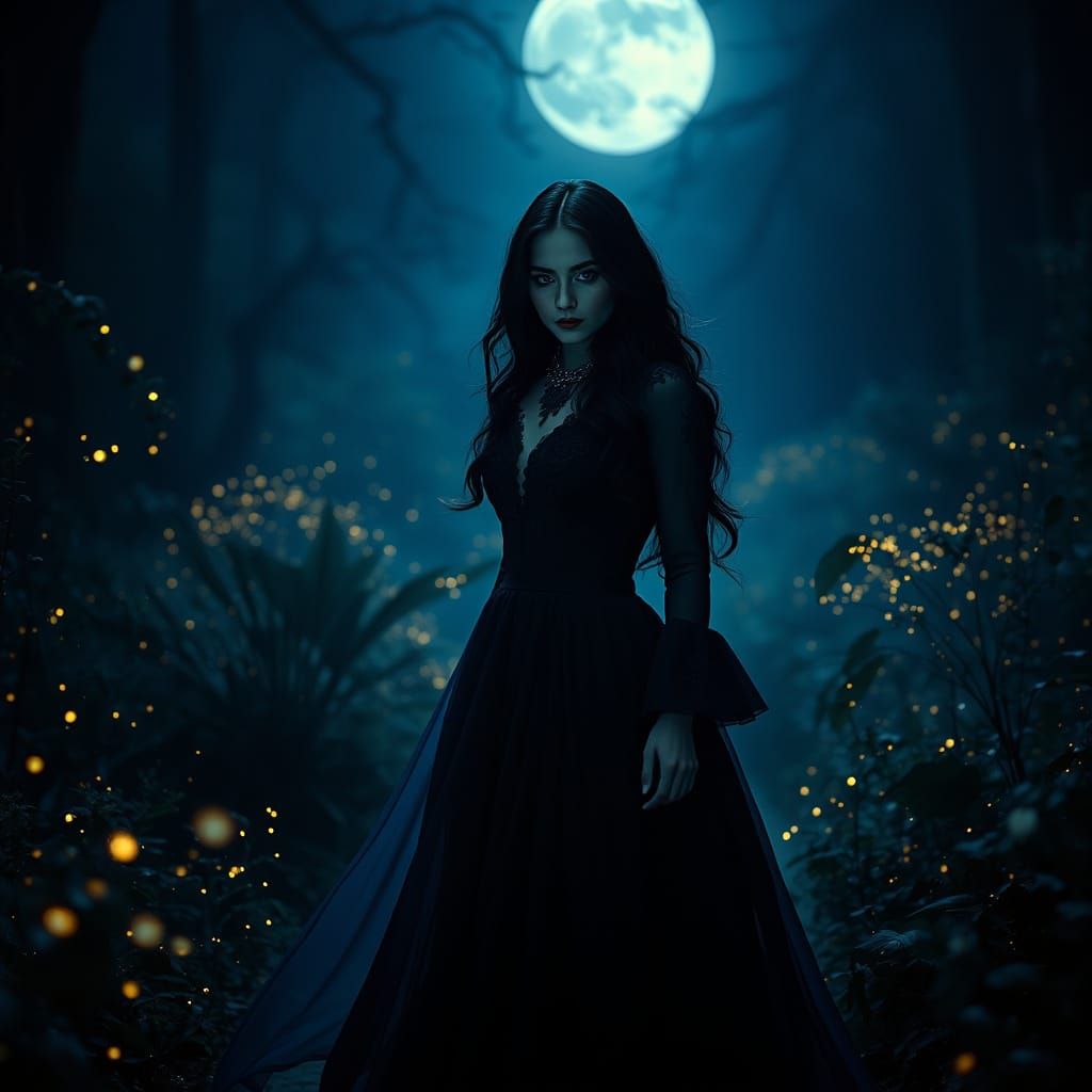 Ethereal Lady Illuminates Dark, Starry Garden