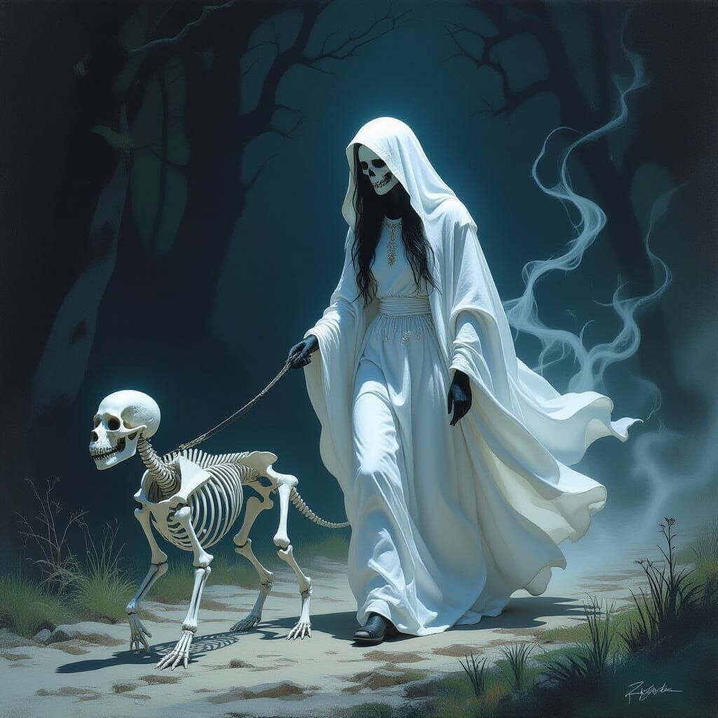 Female Grim Reaper Walks Spectral Dog in Dark Fantasy Art