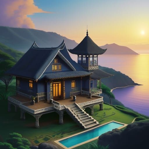 Serene Villa Overlooking Blue Sea in Fantasy Art Style