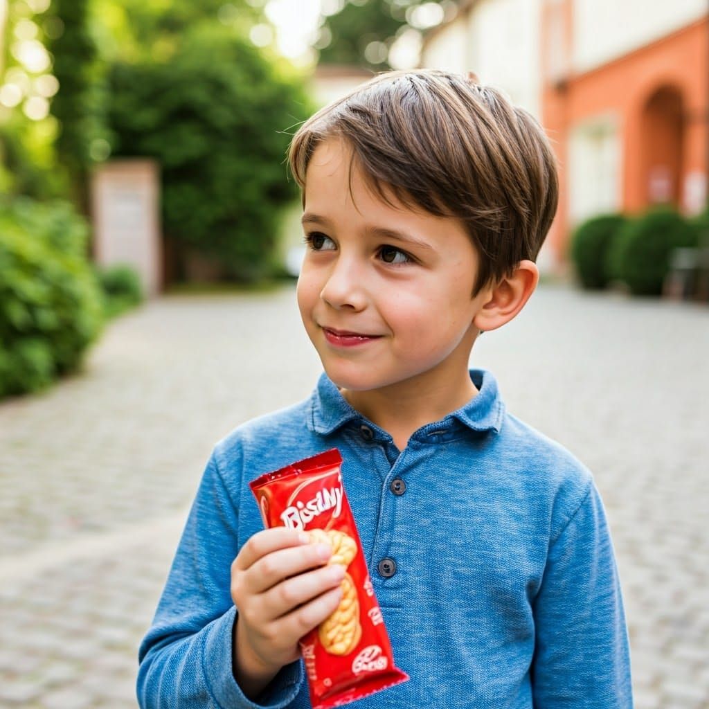 A ten-year-old boy with a Bisley snack from Osem eats in the courtyard outside