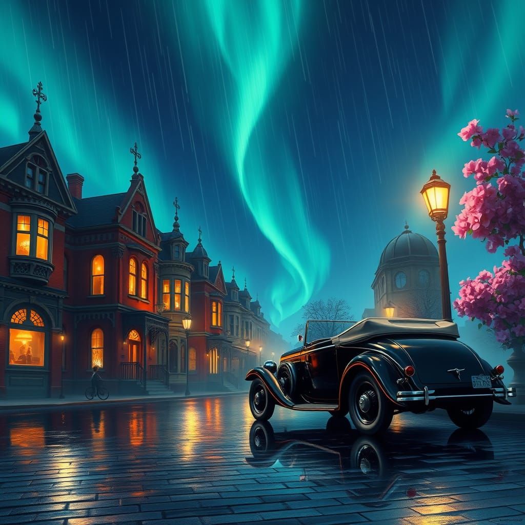 Victorian Street Scene Under Aurora Borealis